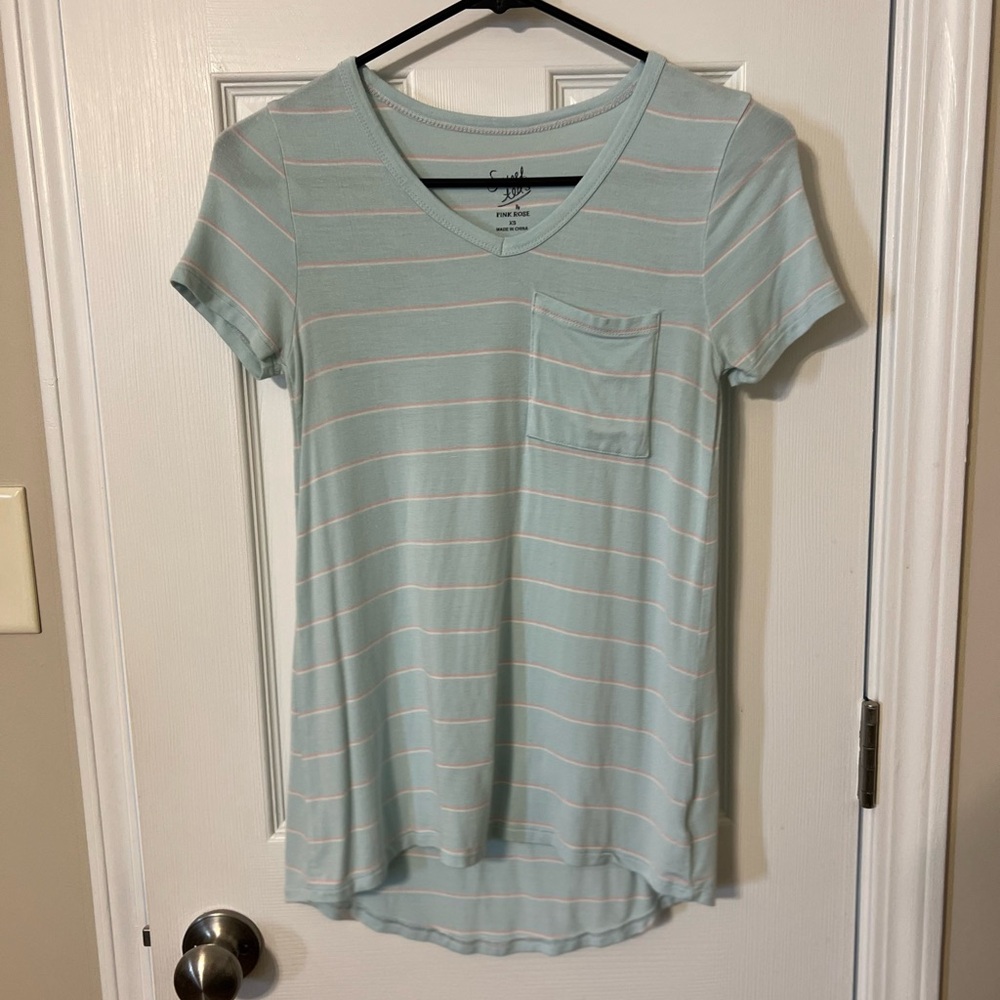 Pink Rose Mint Green Striped V-Neck Tee